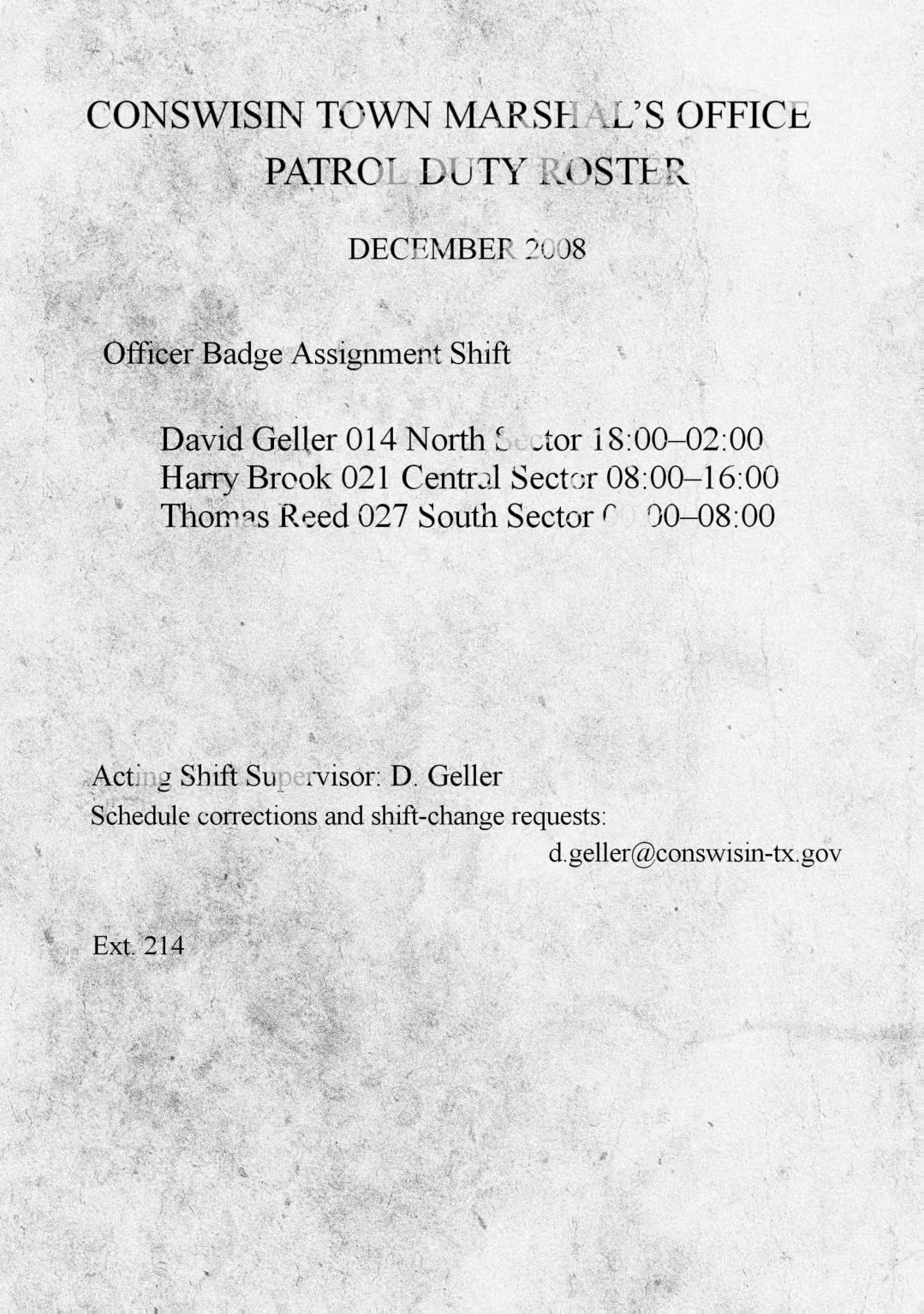 Conswisin Town Marshal's Office patrol duty roster for December 2008